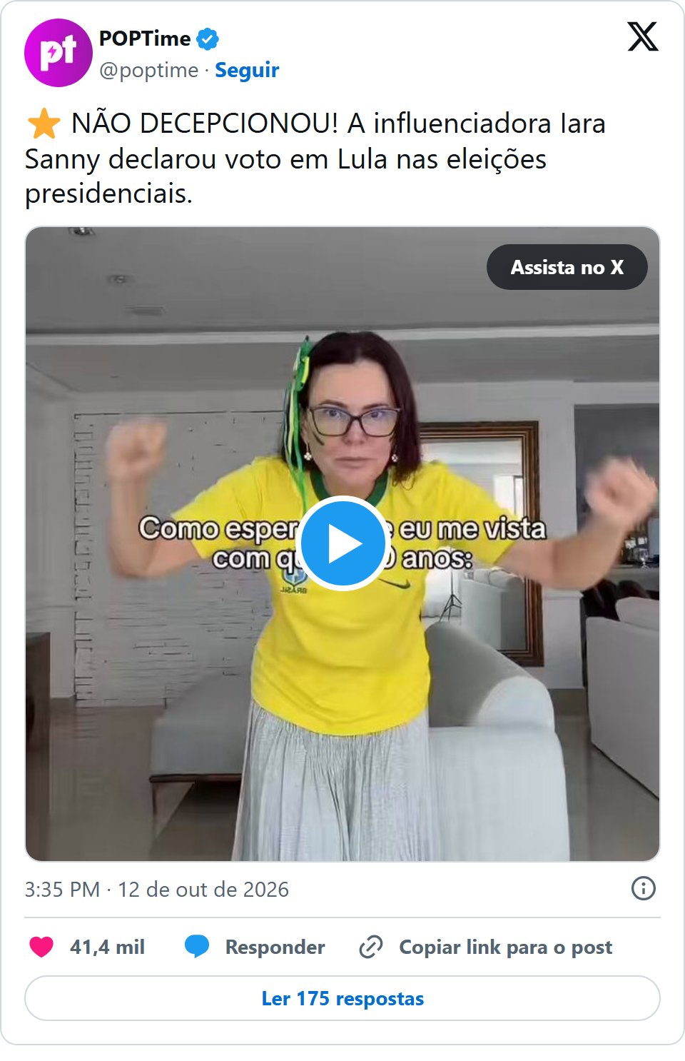 Print arquivado do post de Iara Sanny em 12/10/2026