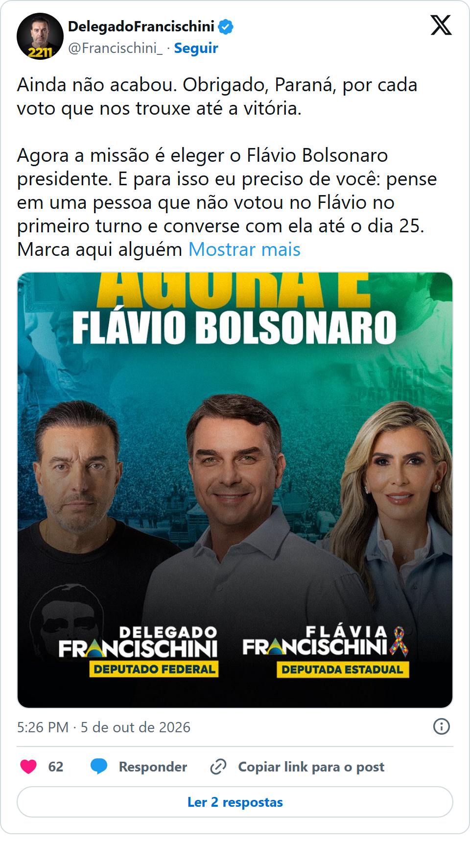 Print arquivado do post de Delegado Francischini em 05/10/2026