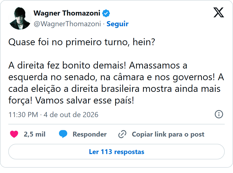 Print arquivado do post de Wagner Thomazoni em 04/10/2026