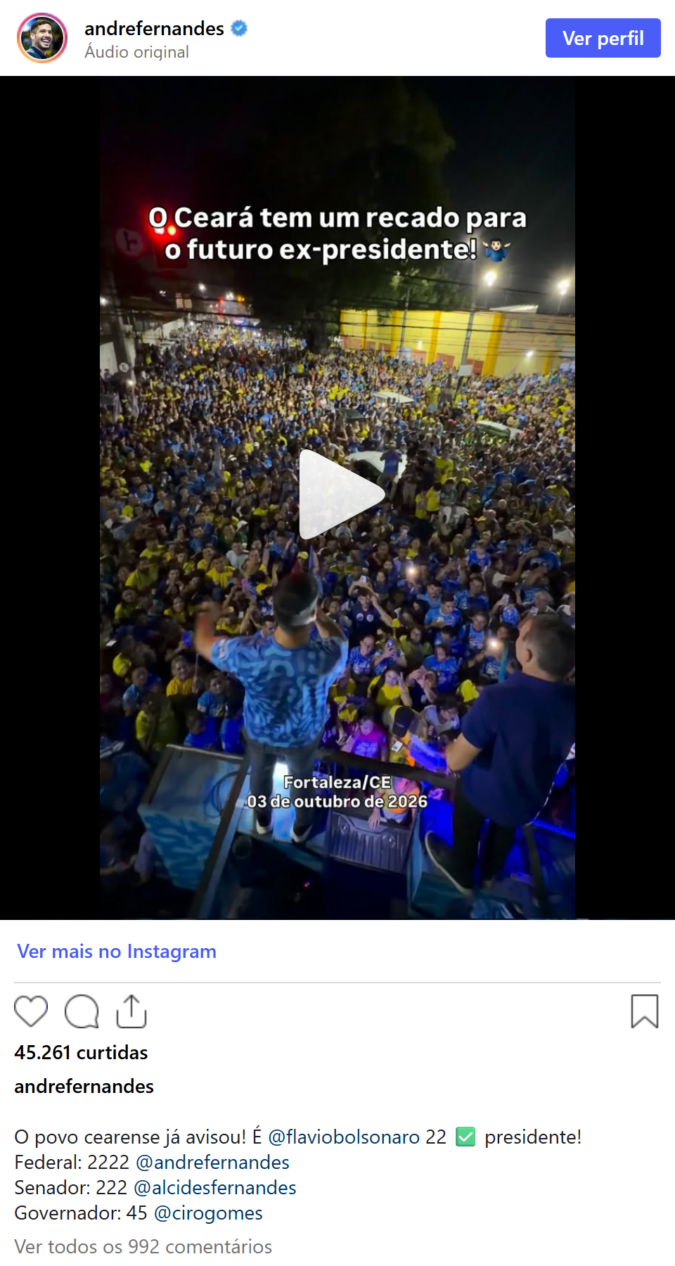 Print arquivado do post de André Fernandes em 03/10/2026