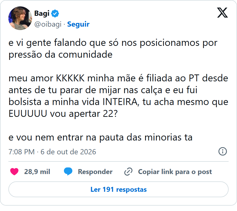 Print arquivado do post de Bagi em 06/10/2026