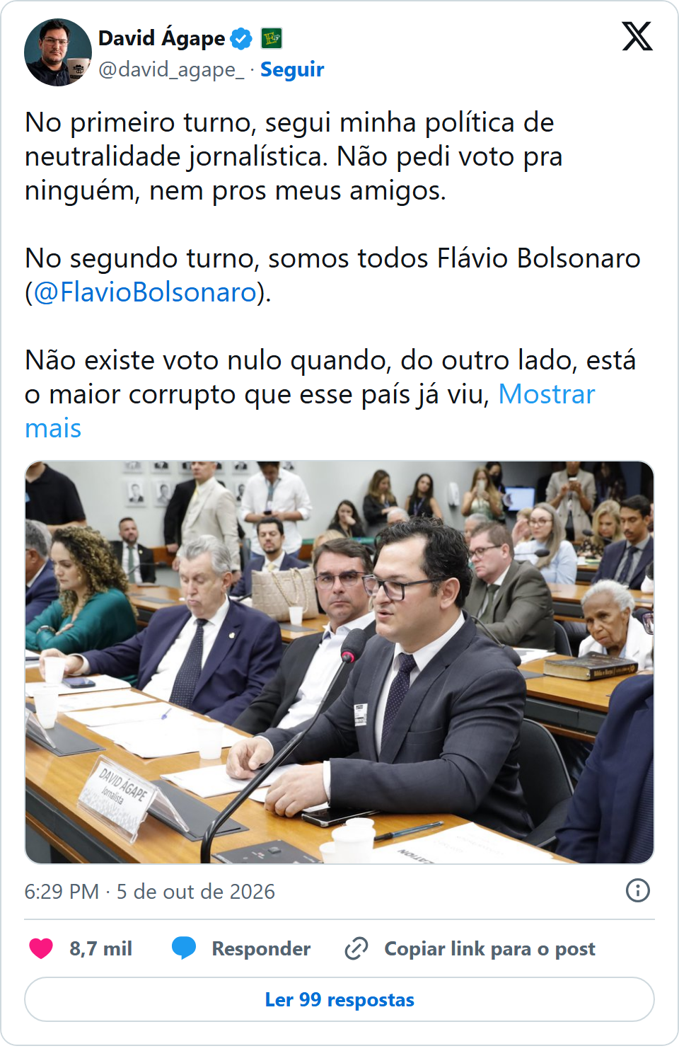Print arquivado do post de David Ágape em 05/10/2026