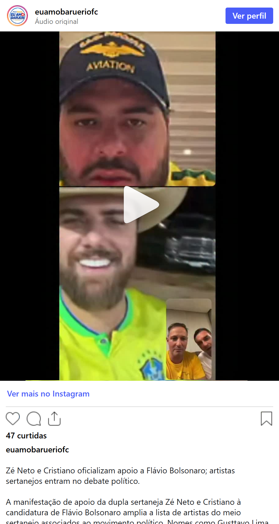 Print arquivado do post de Zé Neto e Cristiano em 20/10/2026