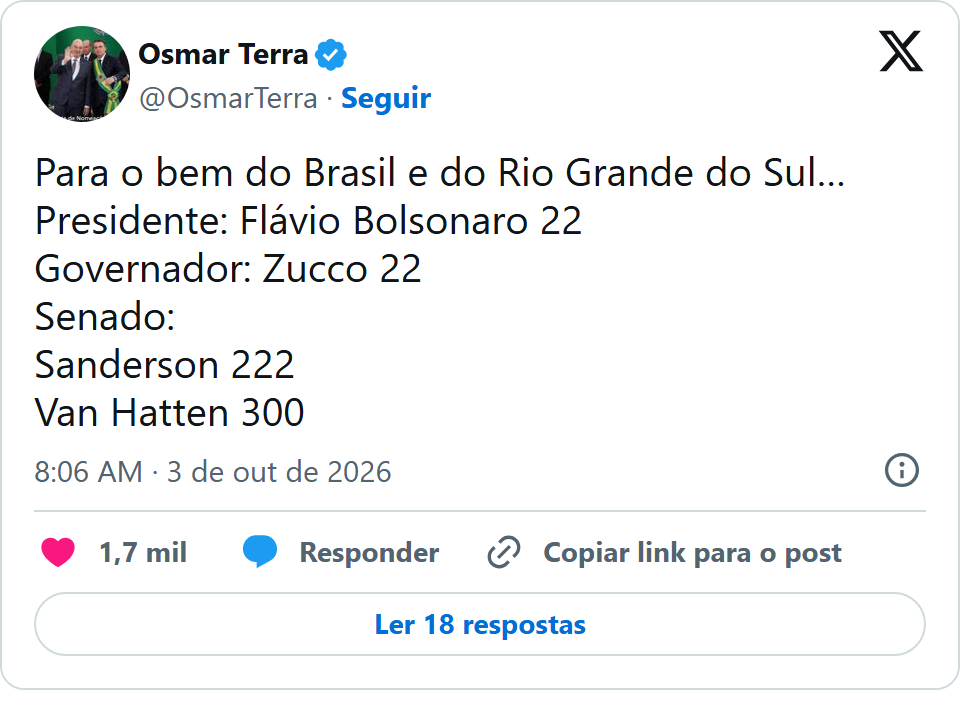 Print arquivado do post de Osmar Terra em 03/10/2026