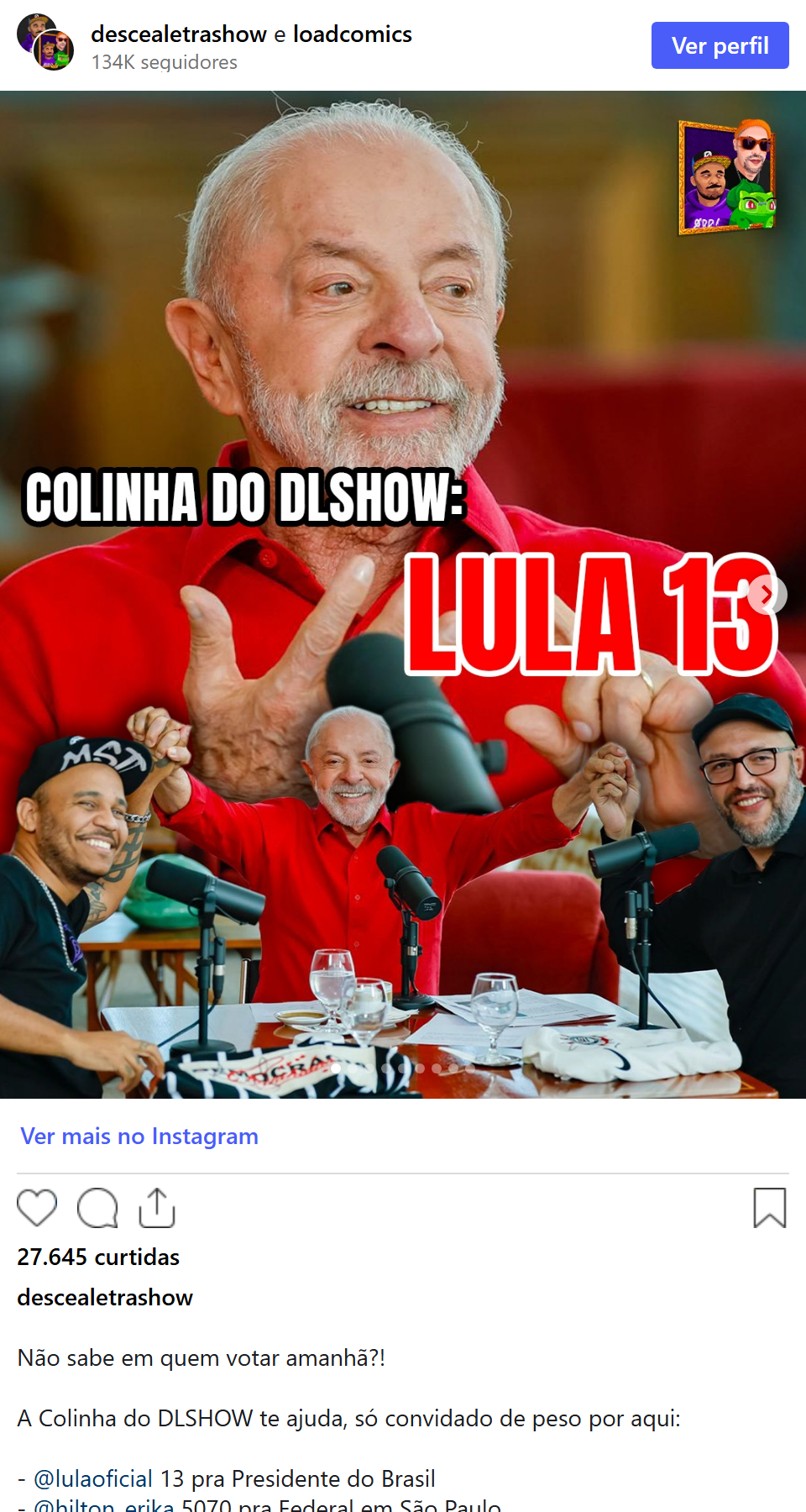 Print arquivado do post de Desce a Letra Show (Cauê Moura e Load) em 03/10/2026