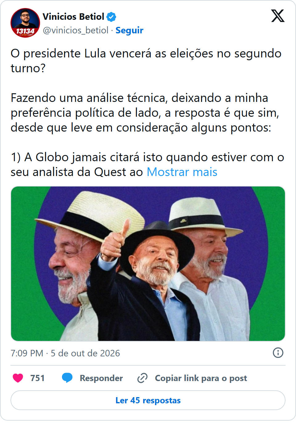 Print arquivado do post de Vinicios Betiol em 05/10/2026