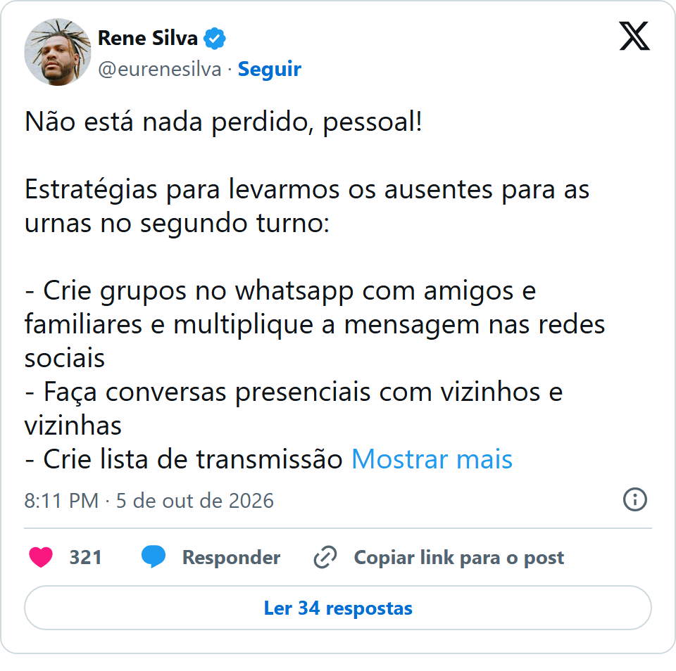 Print arquivado do post de Rene Silva em 05/10/2026