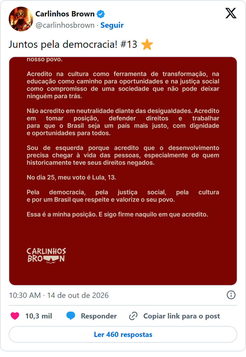 Print arquivado do post de Carlinhos Brown em 14/10/2026