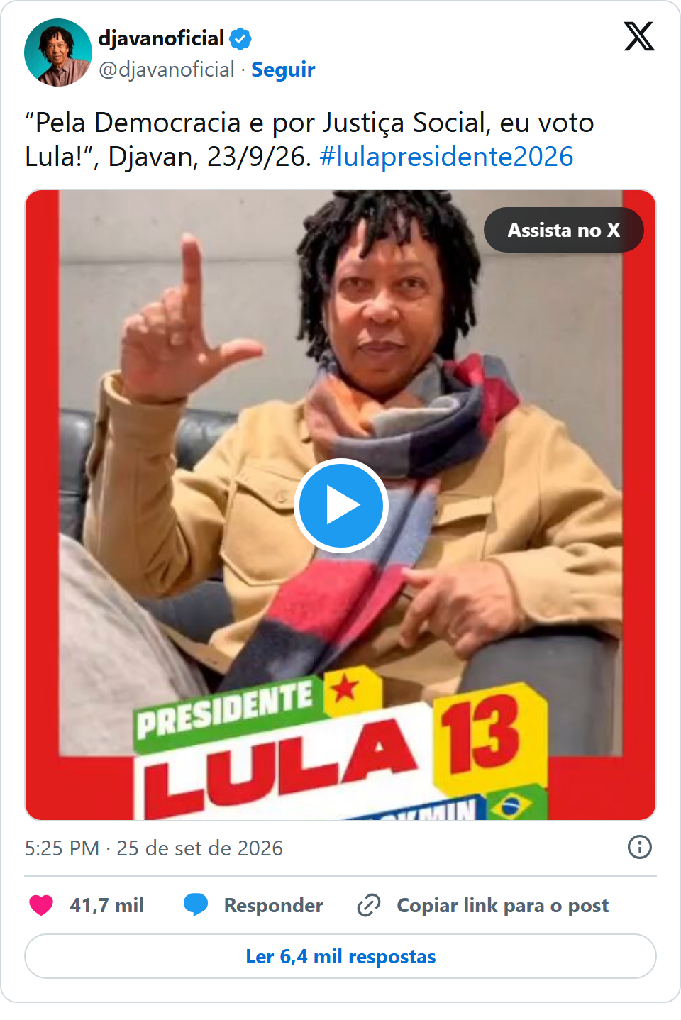 Print arquivado do post de Djavan em 25/09/2026