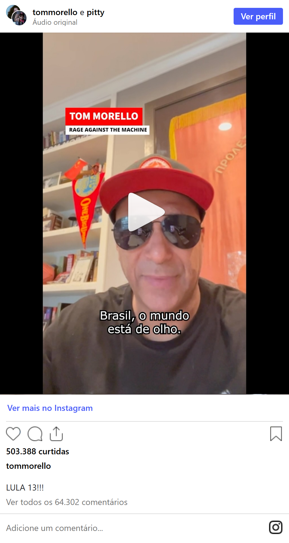 Print arquivado do post de Tom Morello em 13/10/2026