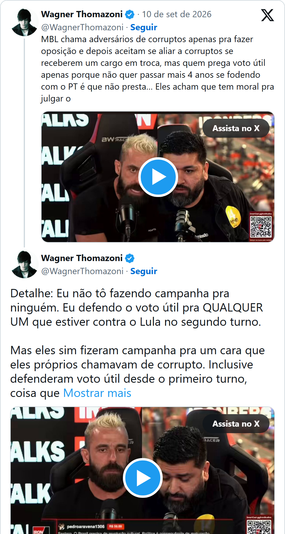 Print arquivado do post de Wagner Thomazoni em 10/09/2026