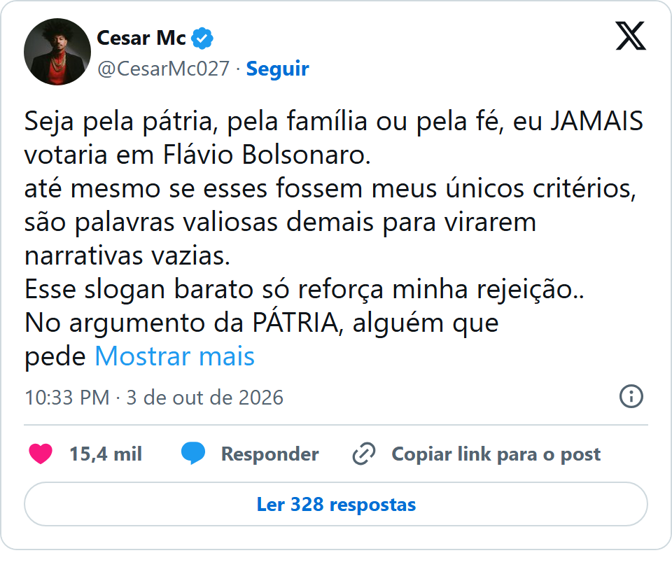 Print arquivado do post de Cesar MC em 03/10/2026