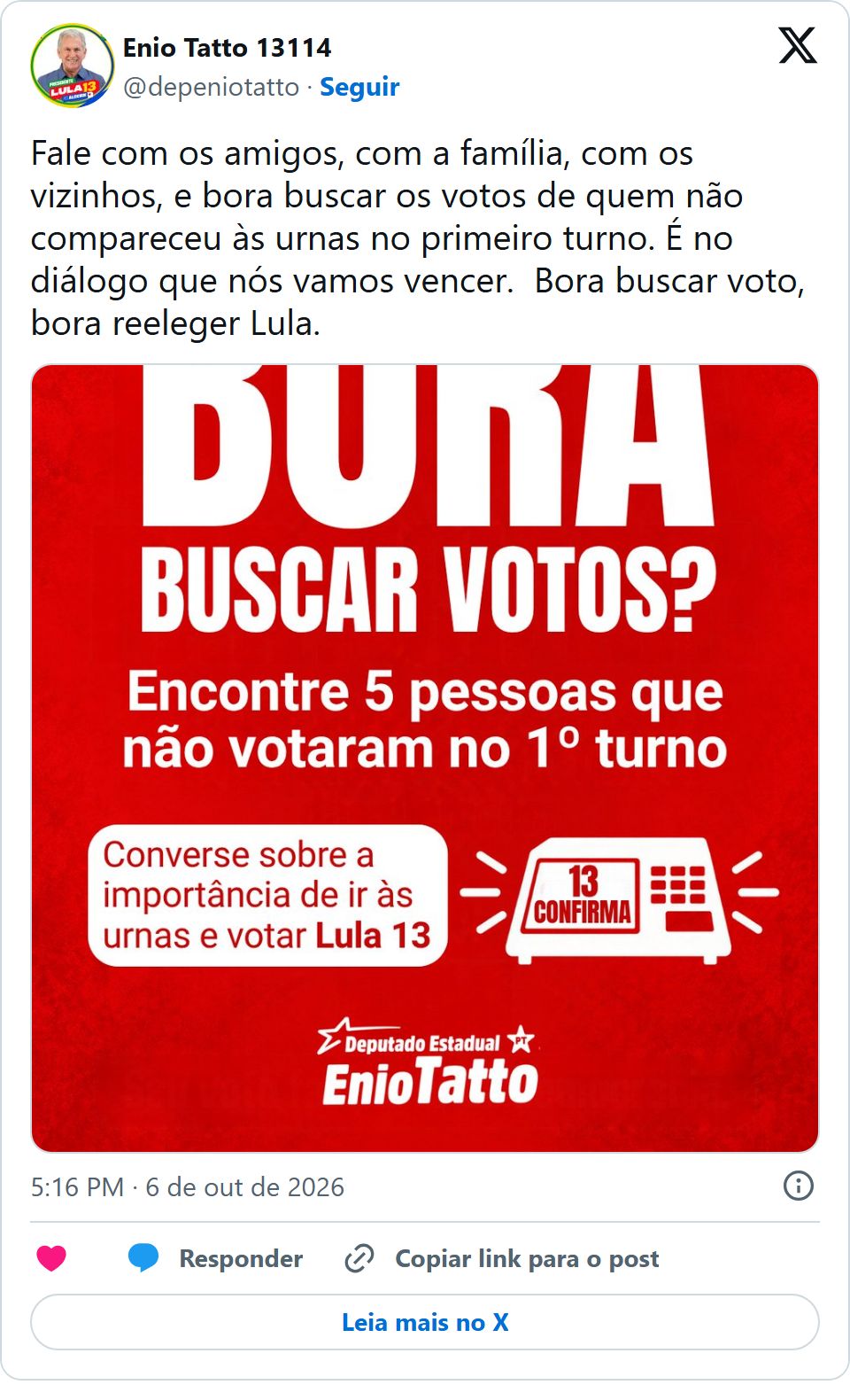 Print arquivado do post de Enio Tatto em 06/10/2026