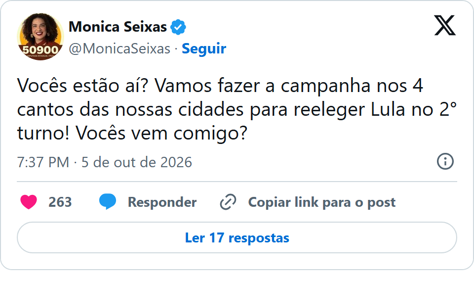 Print arquivado do post de Monica das Pretas em 05/10/2026