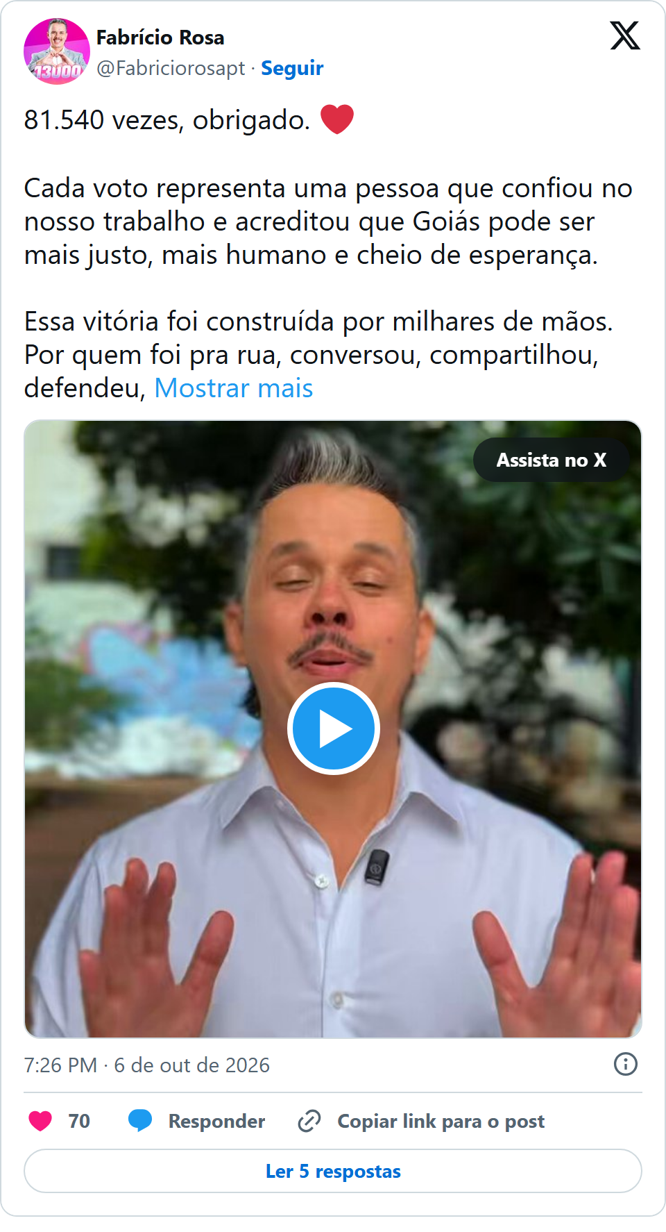 Print arquivado do post de Fabricio Rosa em 06/10/2026