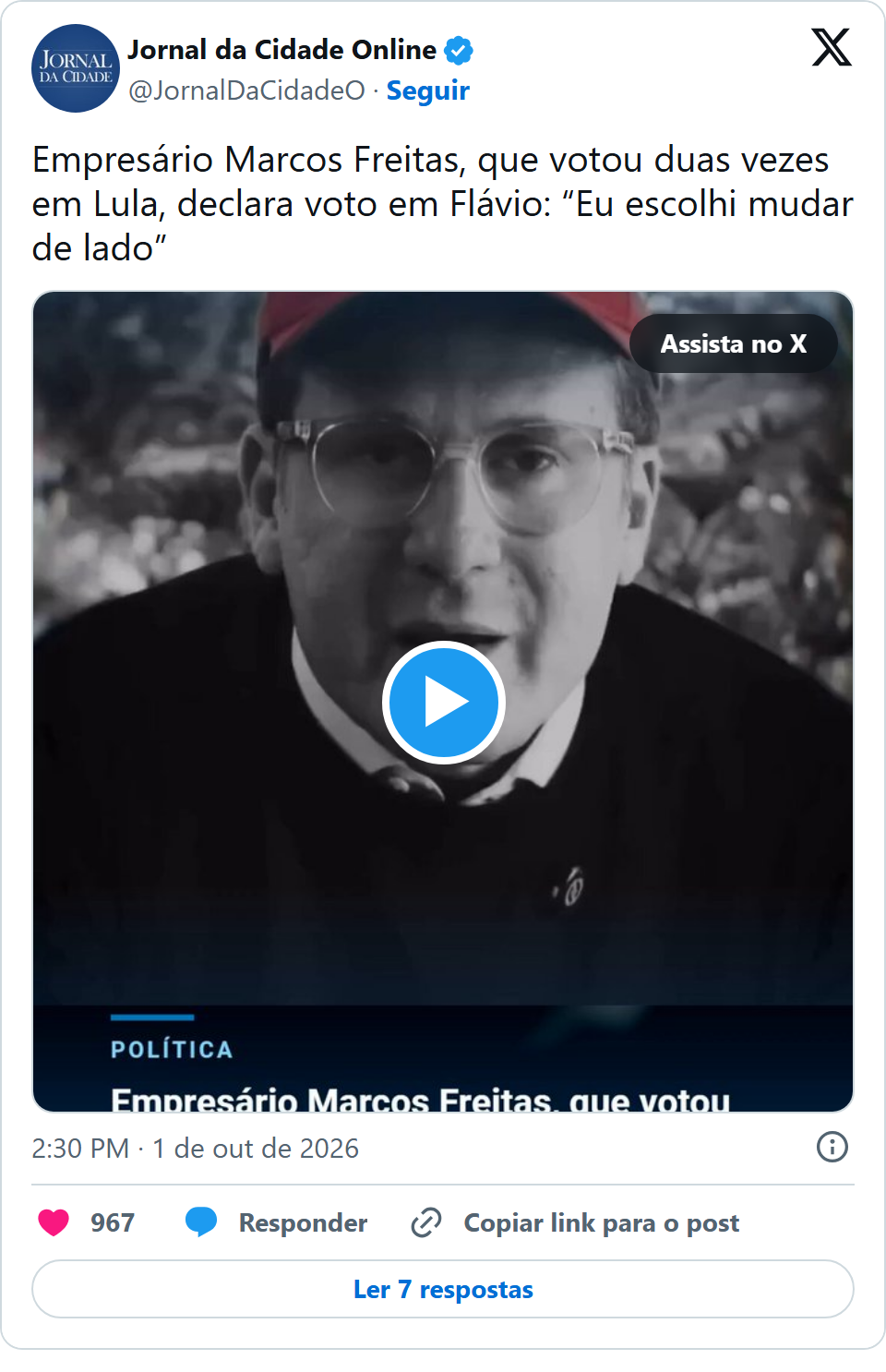 Print arquivado do post de Marcos Freitas em 01/10/2026
