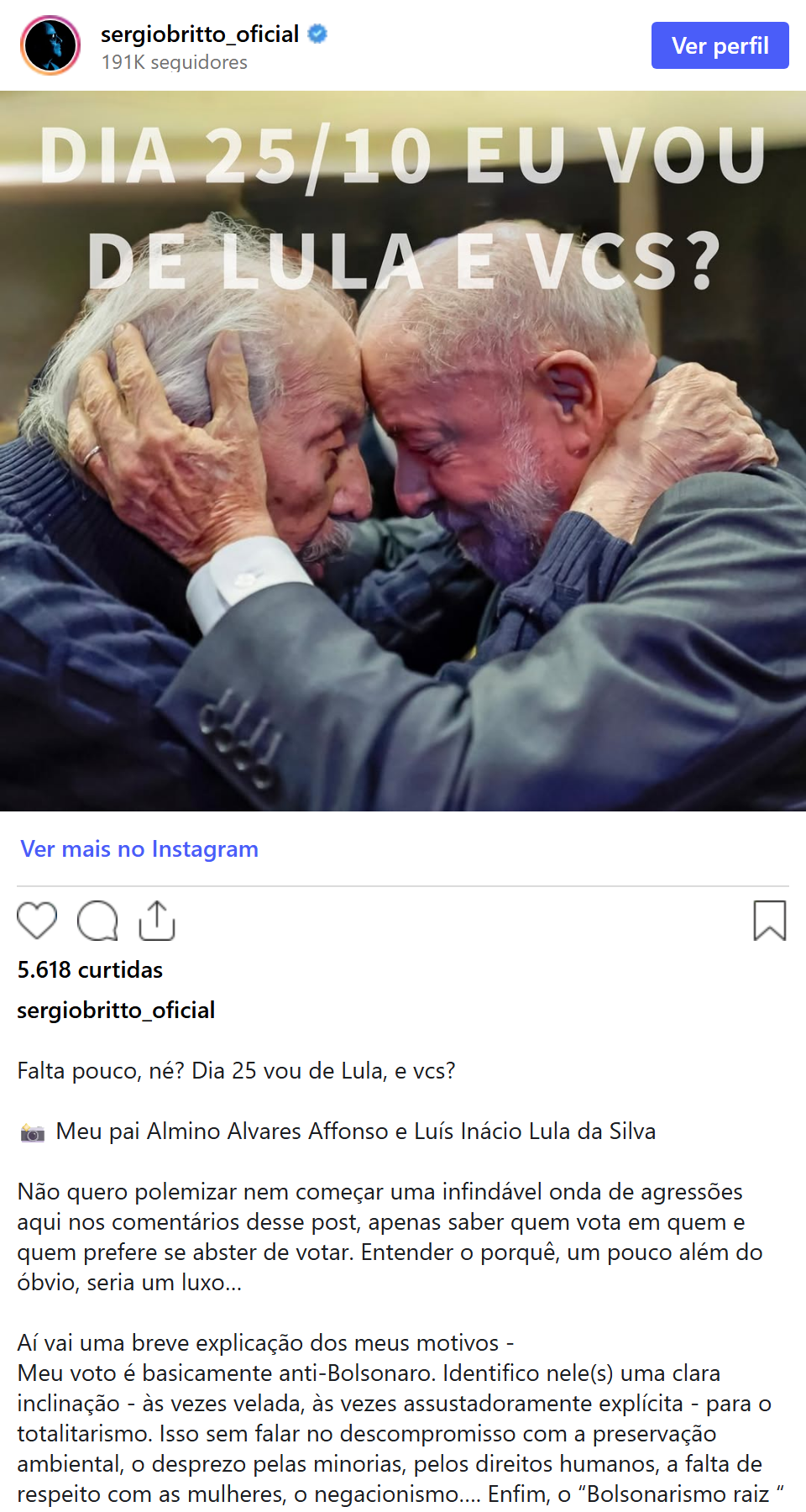 Print arquivado do post de Sérgio Britto em 16/10/2026