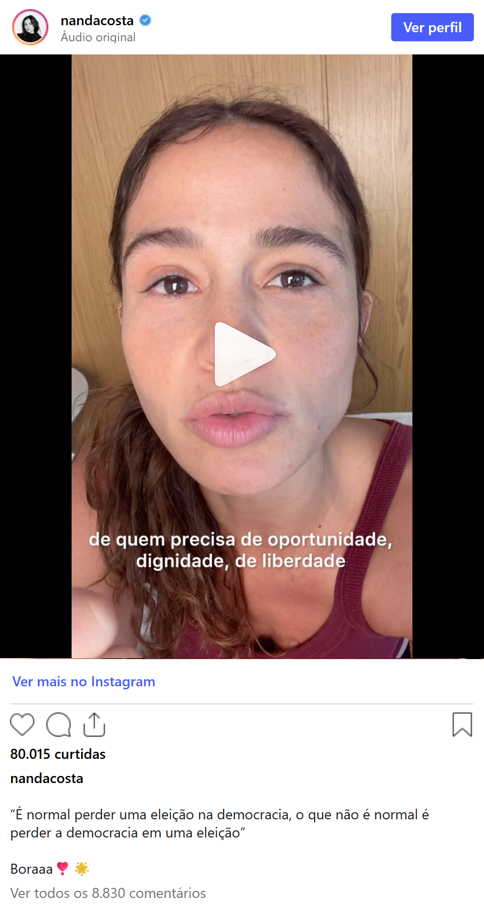 Print arquivado do post de Nanda Costa em 05/10/2026