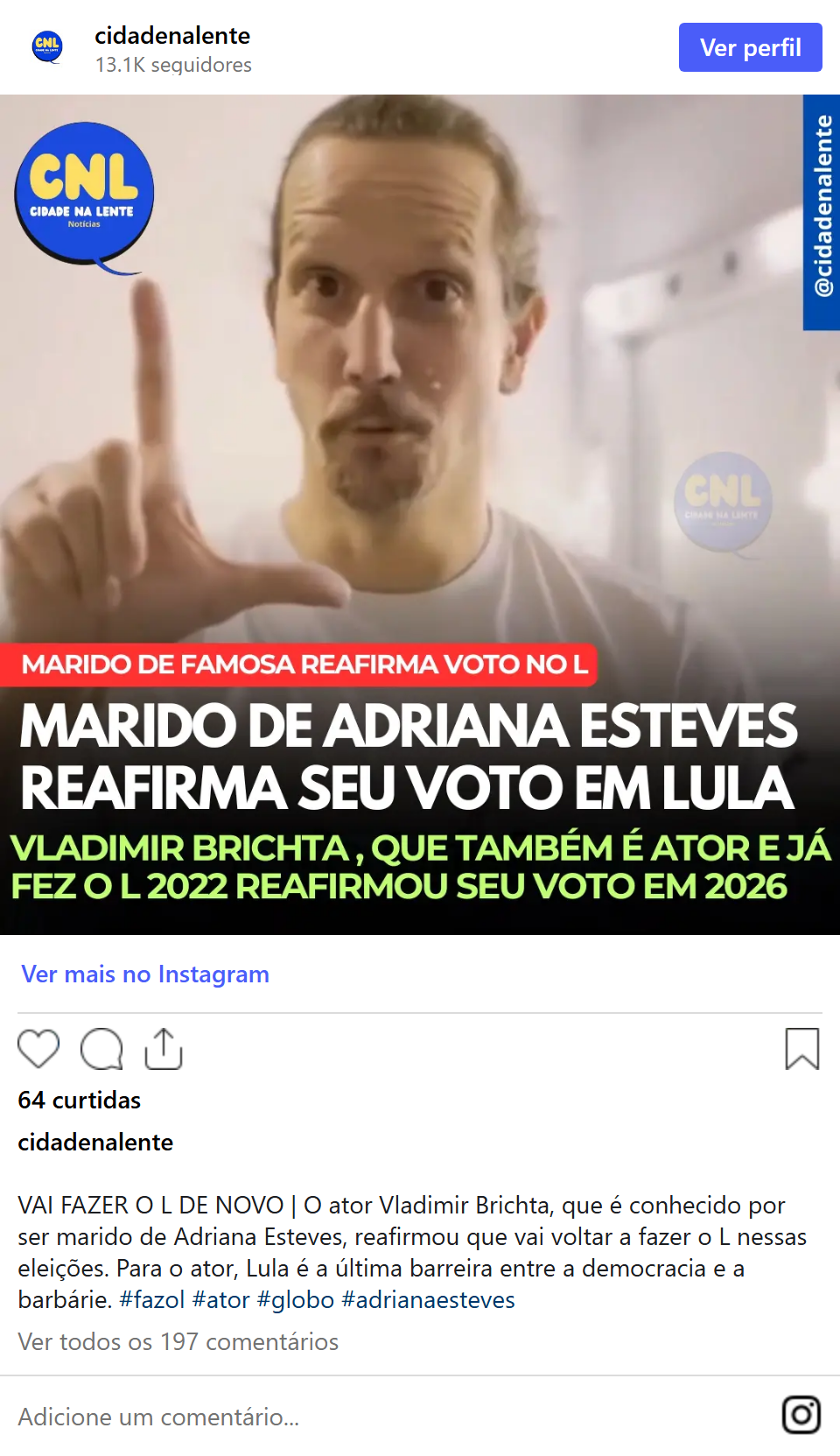 Print arquivado do post de Vladimir Brichta em 10/09/2026