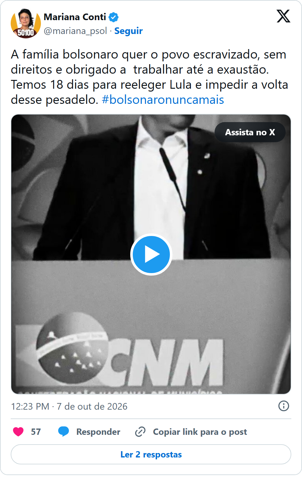 Print arquivado do post de Mariana Conti em 07/10/2026