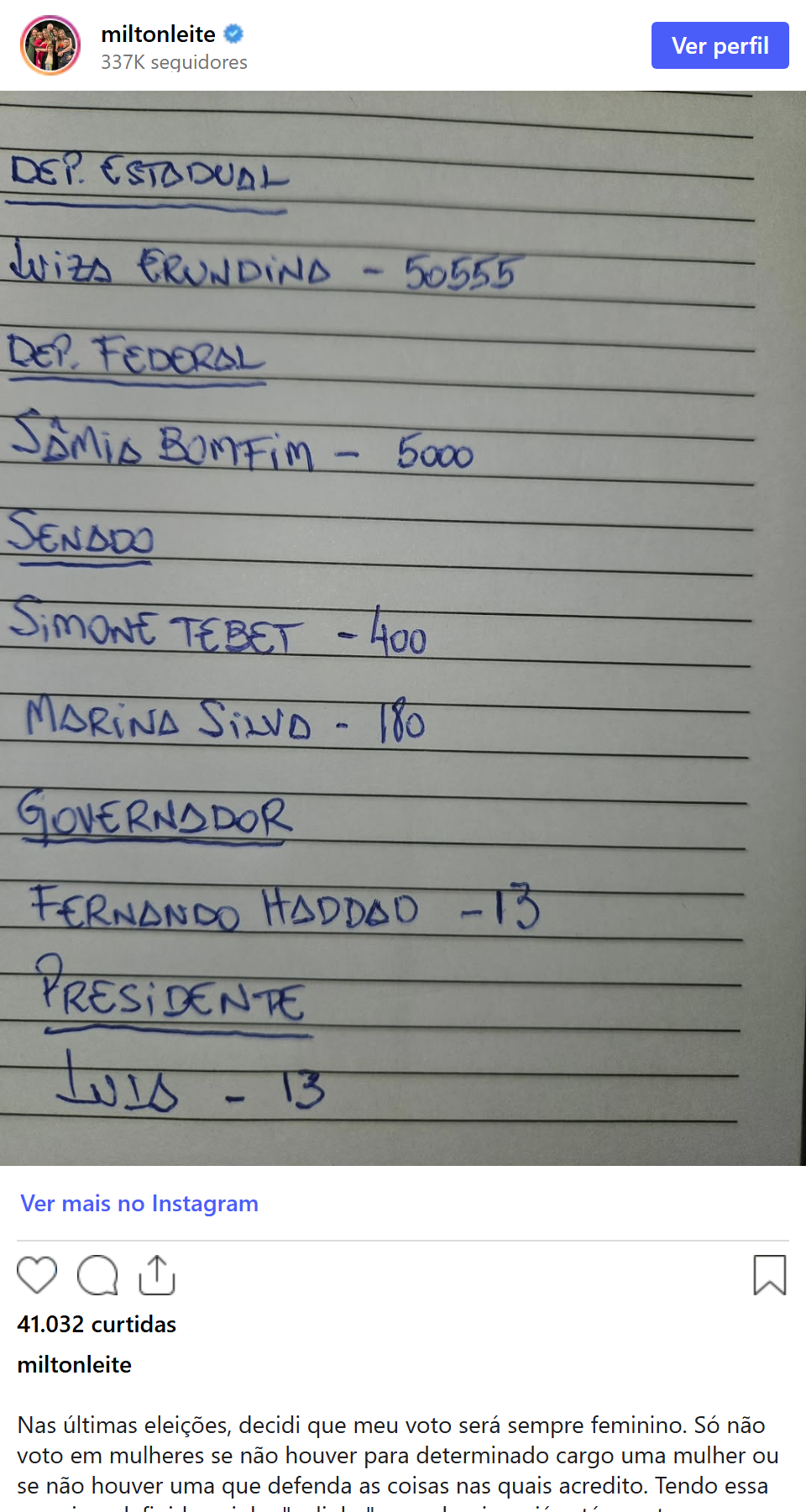 Print arquivado do post de Milton Leite em 02/10/2026