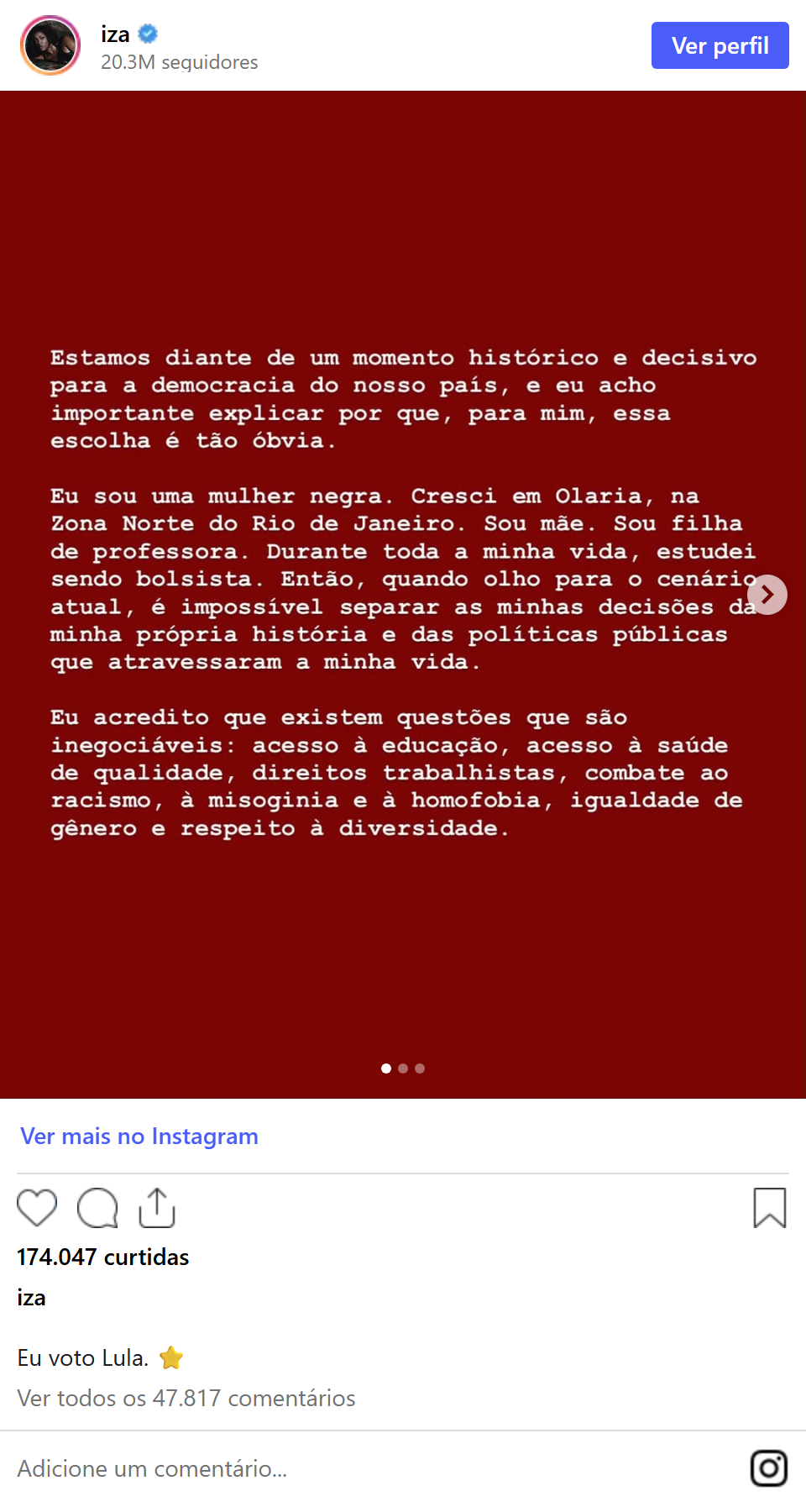Print arquivado do post de IZA em 07/10/2026