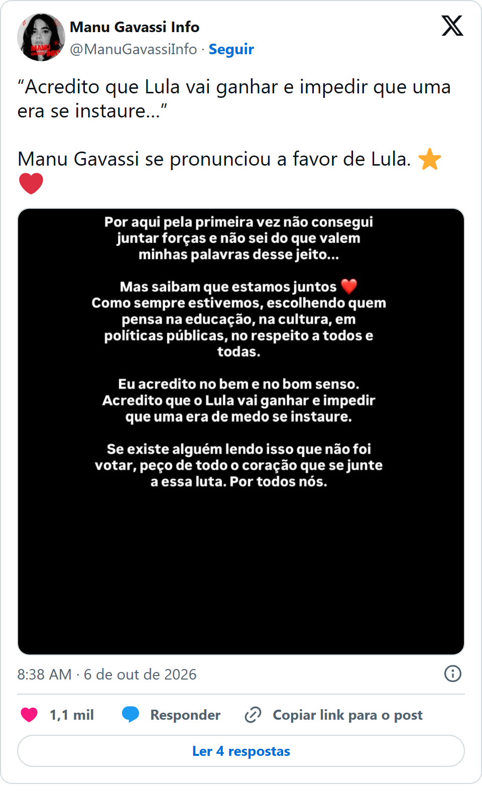 Print arquivado do post de Manu Gavassi em 06/10/2026