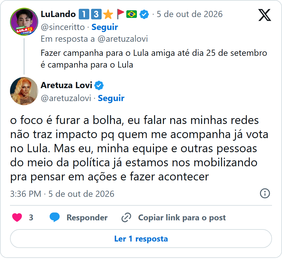 Print arquivado do post de Aretuza Lovi em 05/10/2026