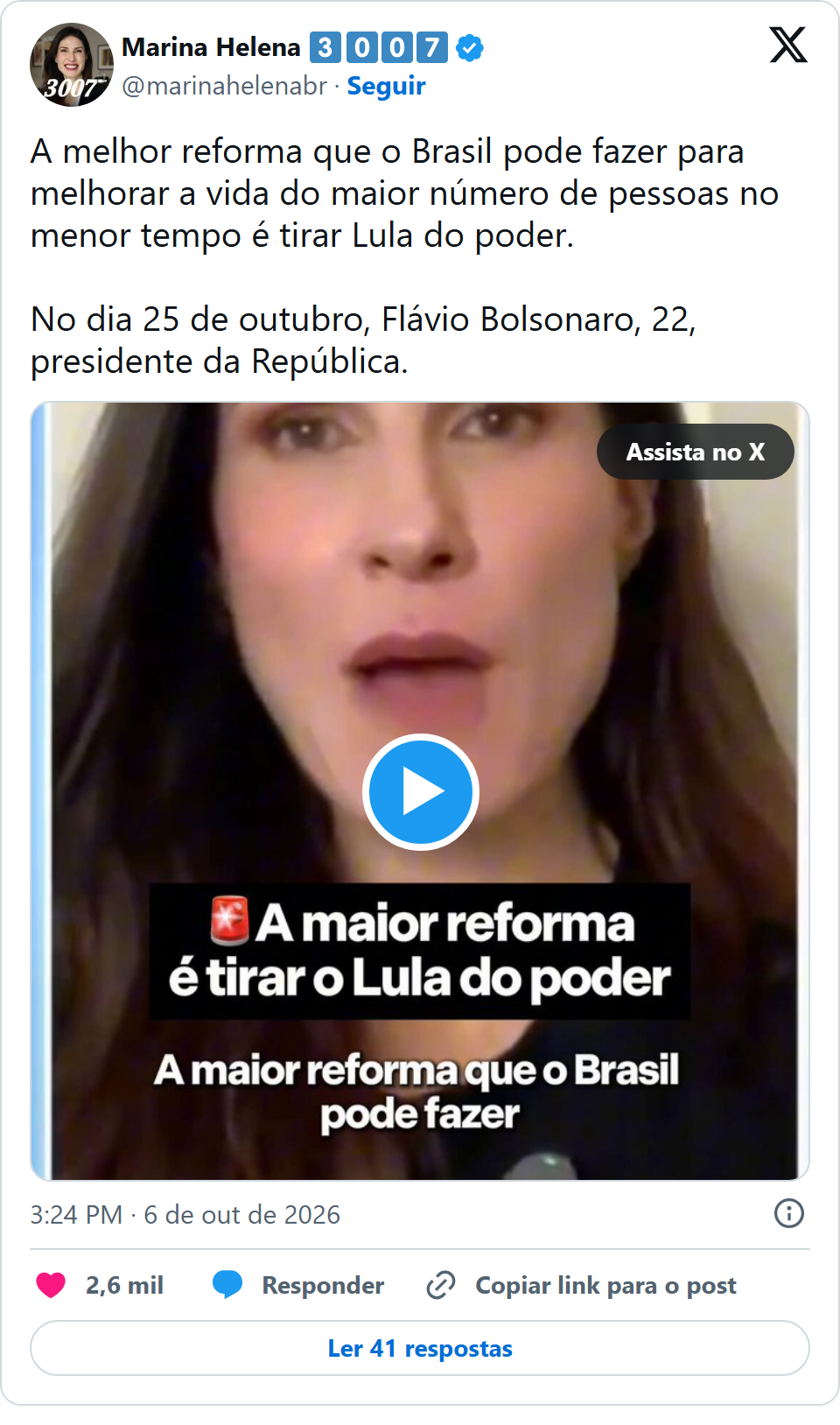 Print arquivado do post de Marina Helena em 06/10/2026
