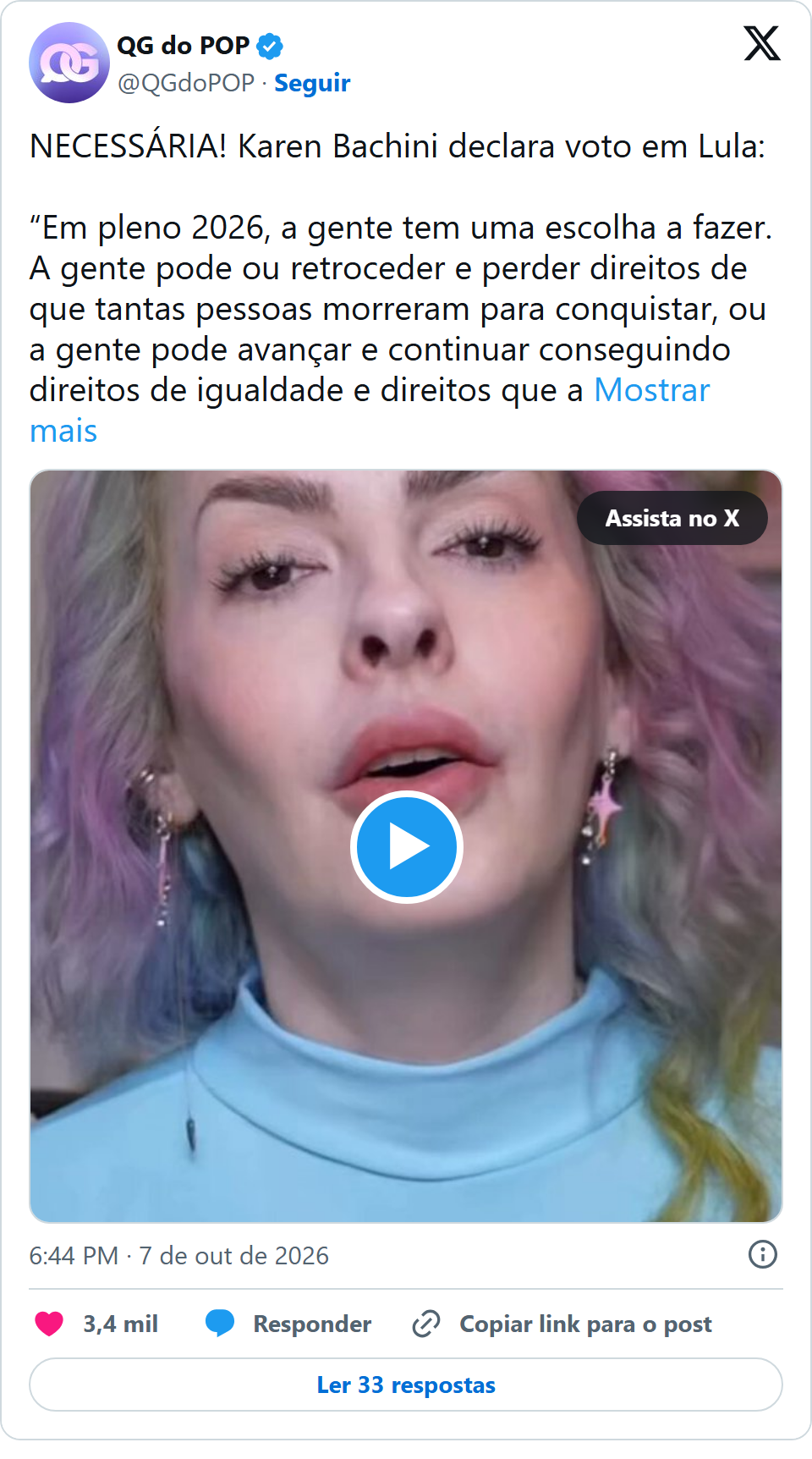 Print arquivado do post de Karen Bachini em 07/10/2026