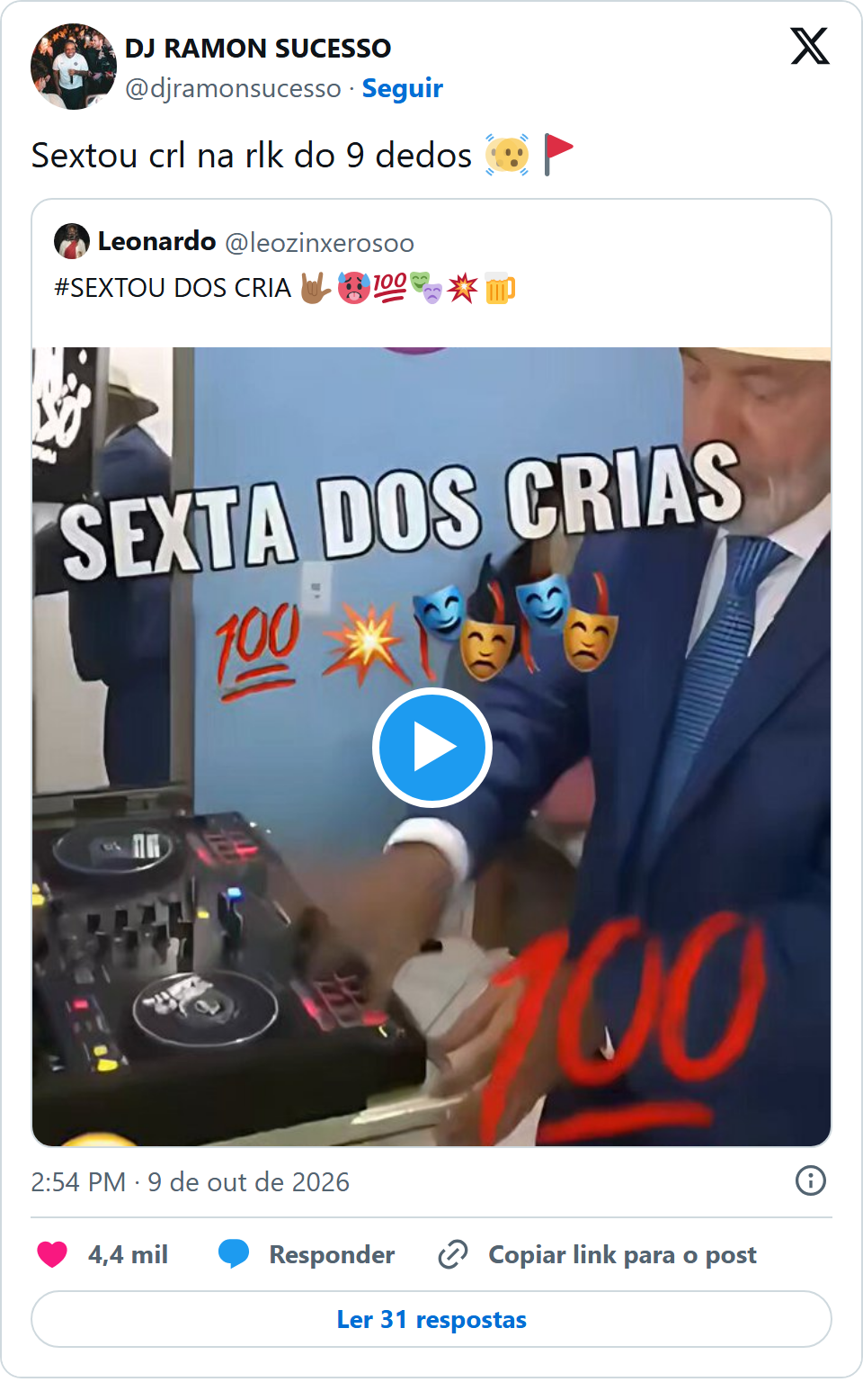 Print arquivado do post de DJ Ramon Sucesso em 09/10/2026