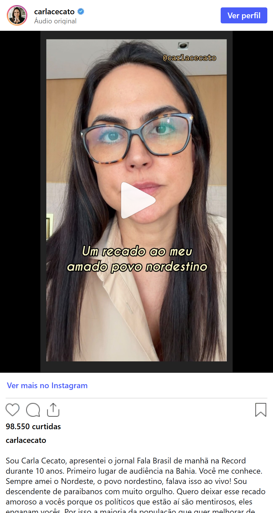 Print arquivado do post de Carla Cecato em 06/10/2026
