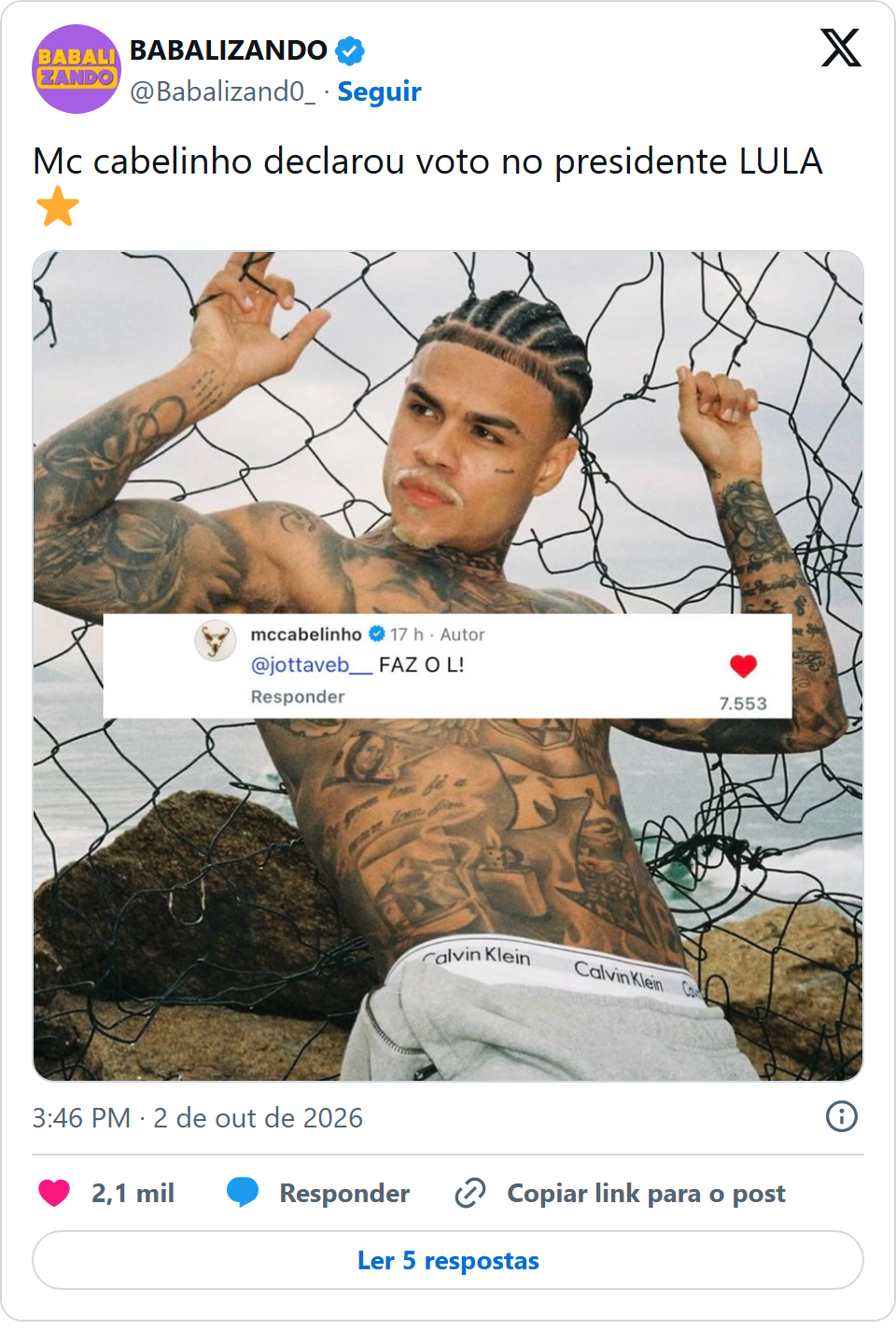Print arquivado do post de MC Cabelinho em 02/10/2026