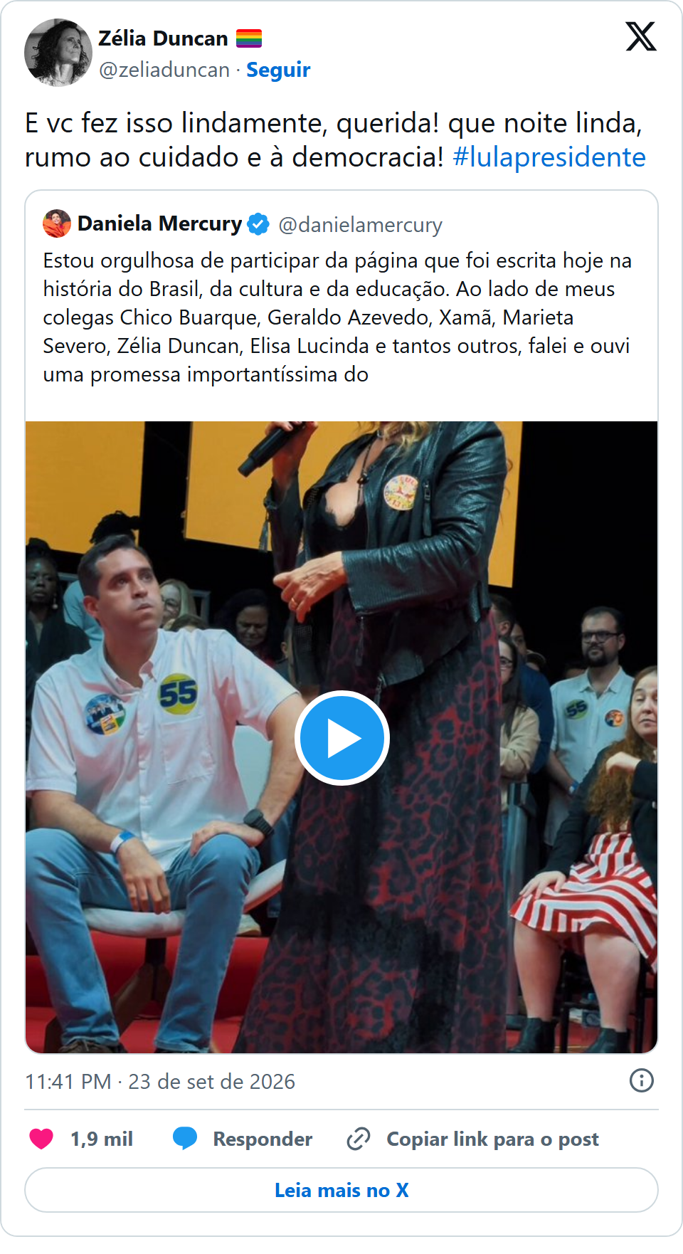 Print arquivado do post de Zélia Duncan em 23/09/2026