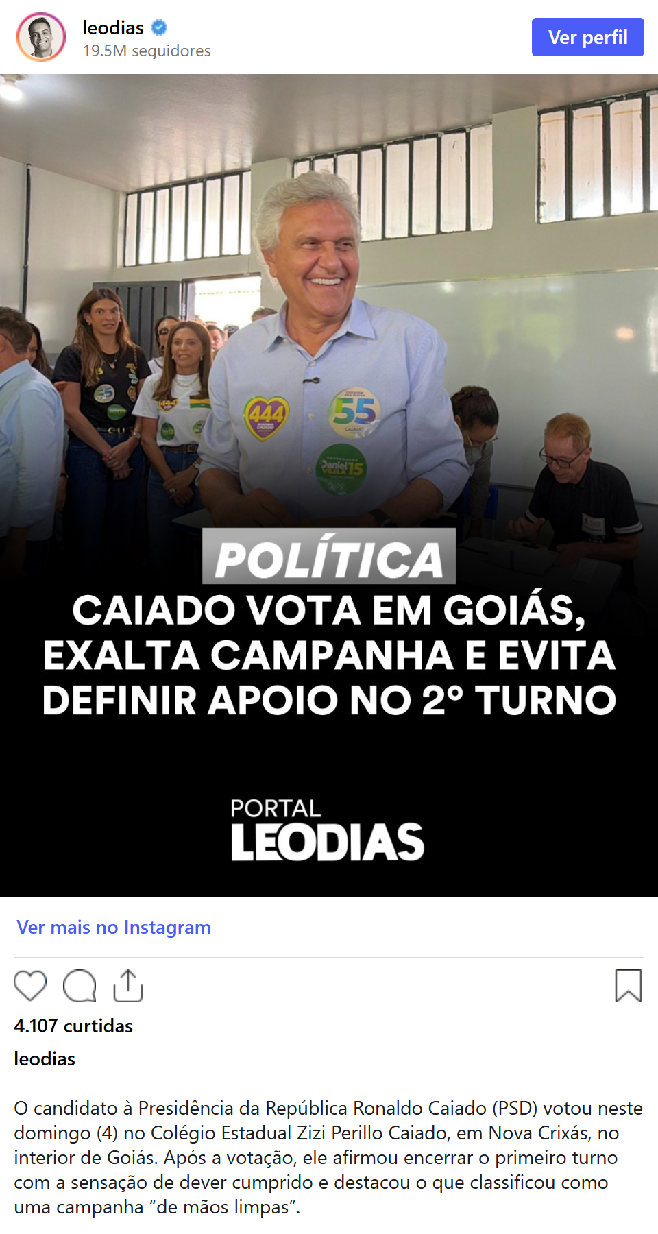Print arquivado do post de Ronaldo Caiado em 04/10/2026