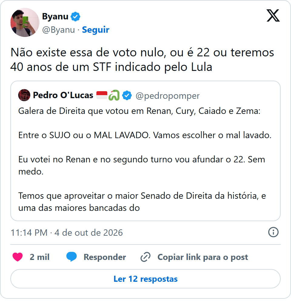 Print arquivado do post de Byanu em 04/10/2026