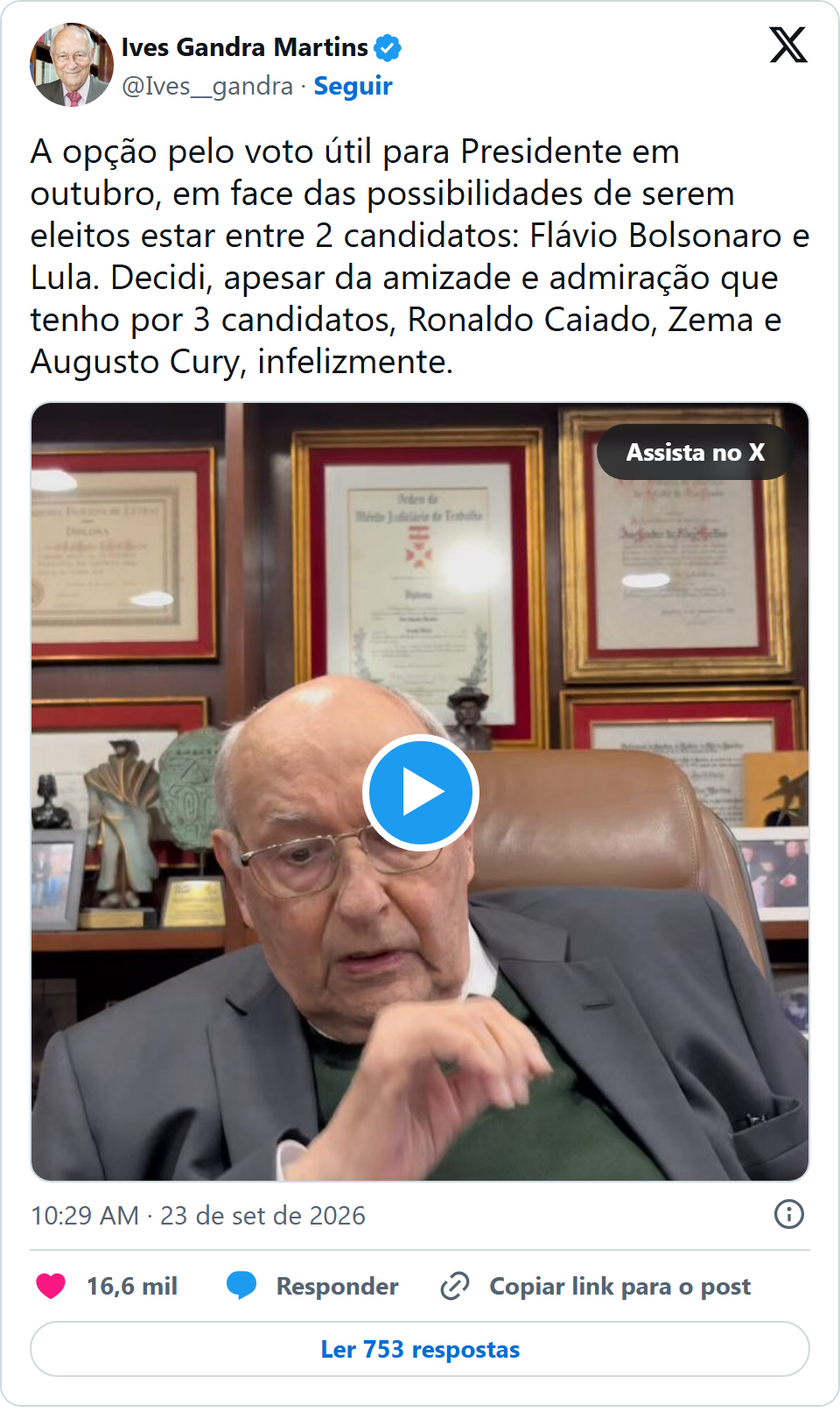 Print arquivado do post de Ives Gandra Martins em 23/09/2026