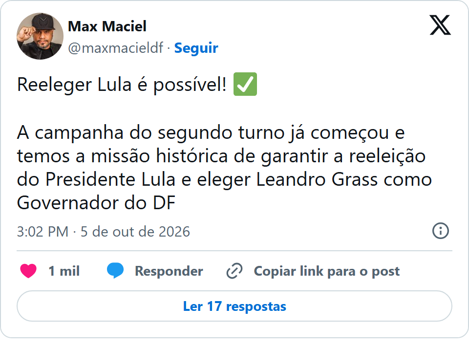 Print arquivado do post de Max Maciel em 05/10/2026