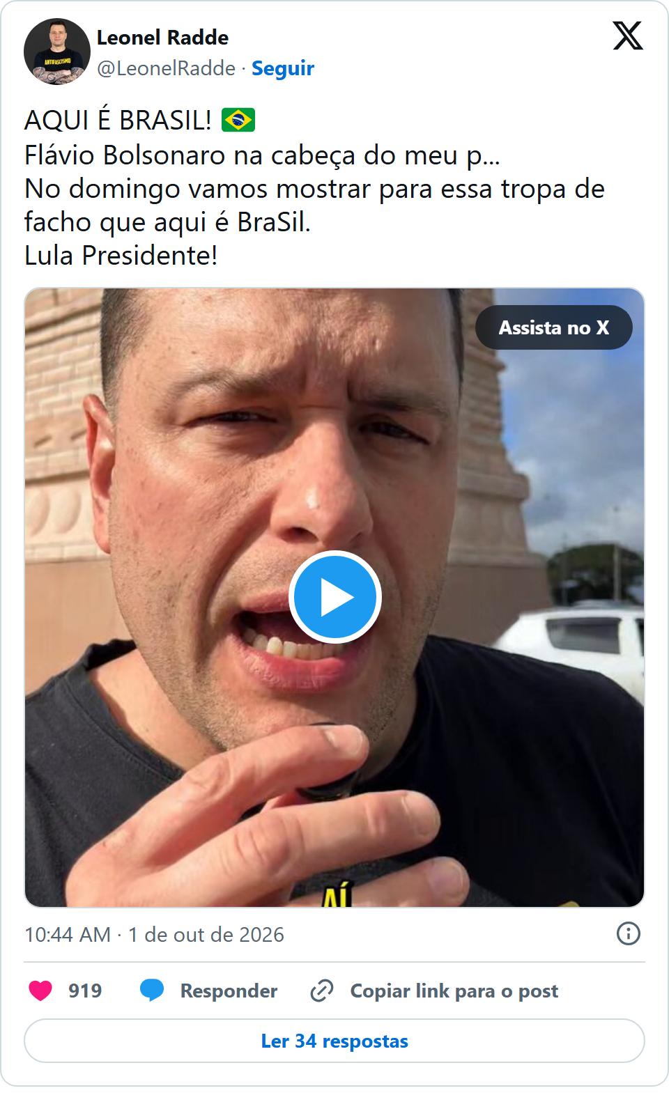 Print arquivado do post de Leonel Radde em 01/10/2026