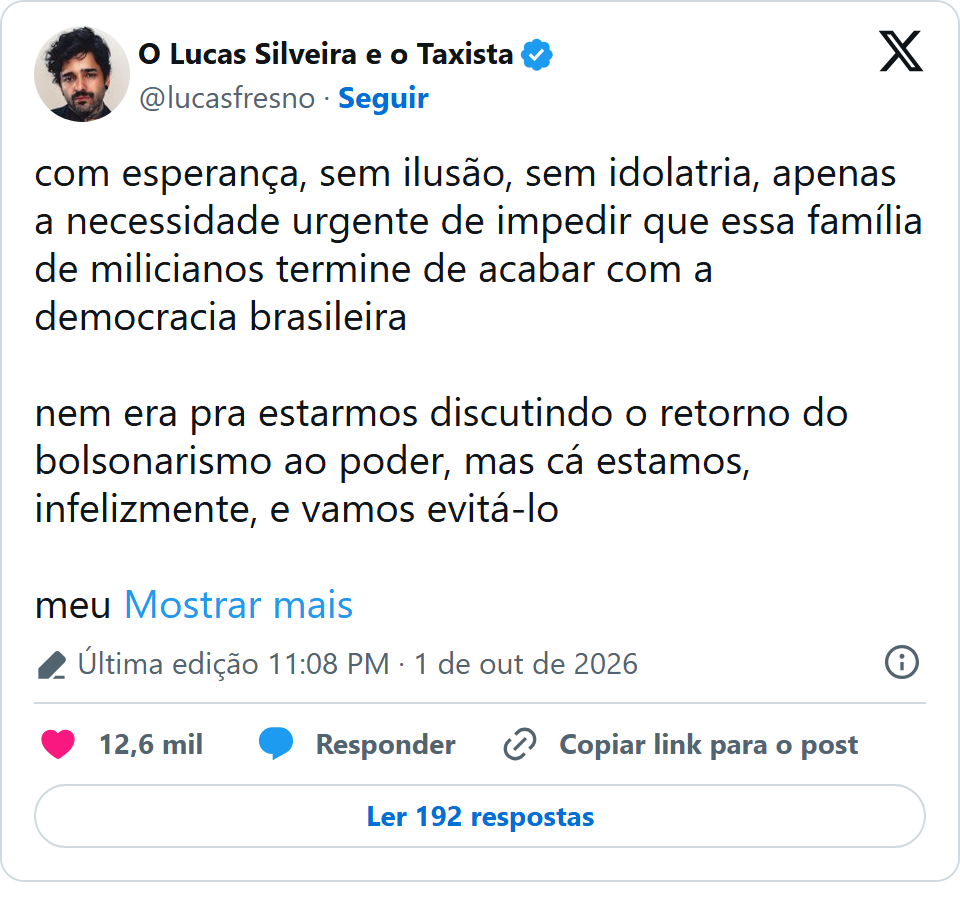 Print arquivado do post de Lucas Silveira em 01/10/2026