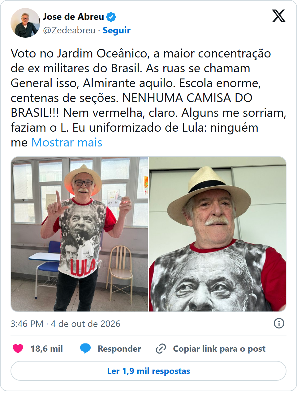 Print arquivado do post de José de Abreu em 04/10/2026