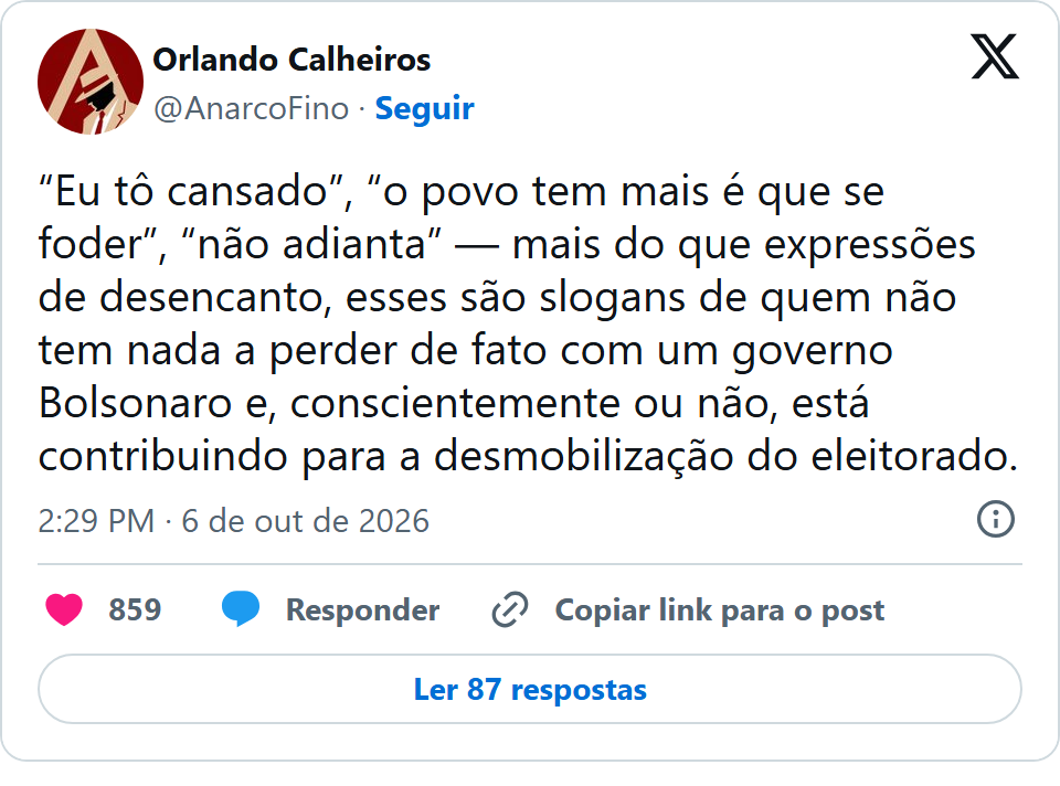 Print arquivado do post de Orlando Calheiros em 06/10/2026