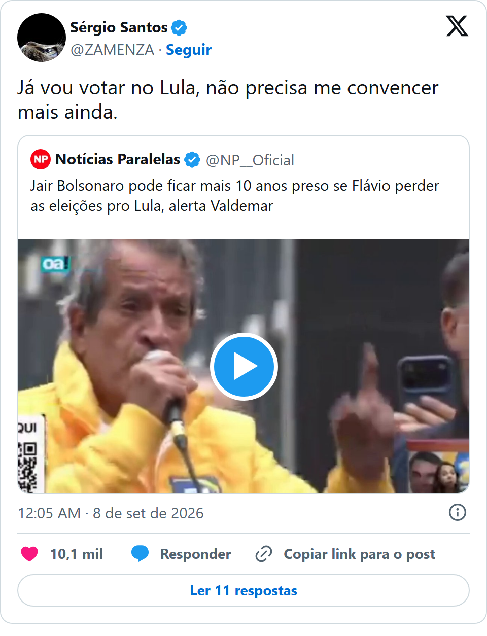 Print arquivado do post de Sérgio Santos em 08/09/2026