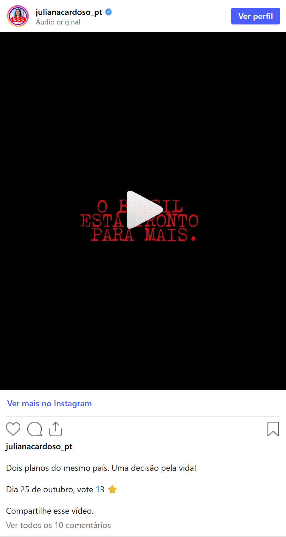 Print arquivado do post de Juliana Cardoso em 07/10/2026