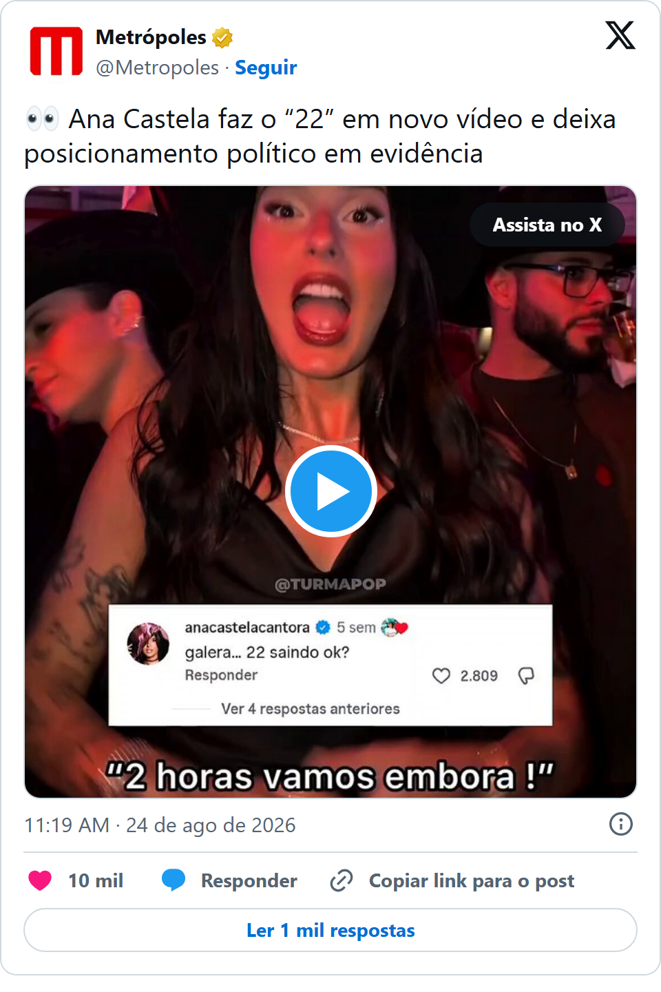Print arquivado do post de Ana Castela em 24/08/2026