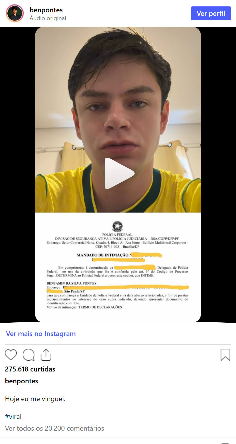 Print arquivado do post de Benjamin Pontes em 04/10/2026