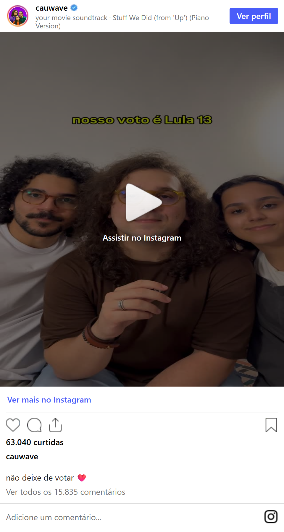 Print arquivado do post de Cauwave (Cainã, Cauê e Ynaê) em 10/10/2026