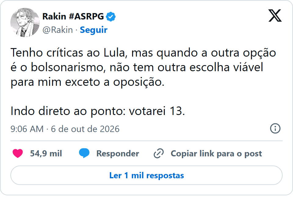 Print arquivado do post de Rakin em 06/10/2026