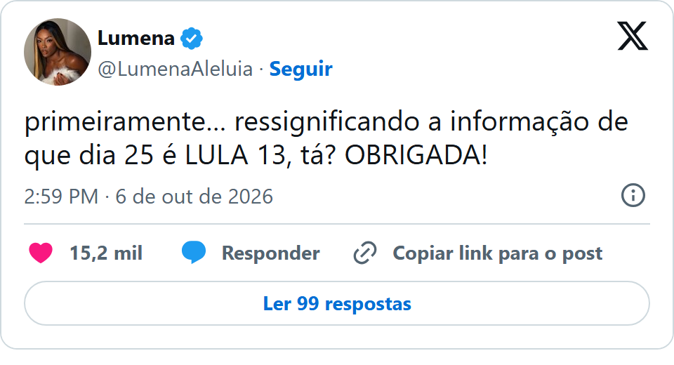 Print arquivado do post de Lumena Aleluia em 06/10/2026