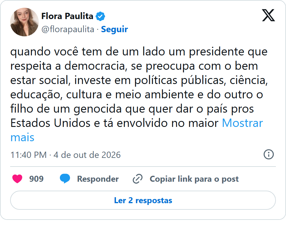 Print arquivado do post de Flora Paulita em 04/10/2026